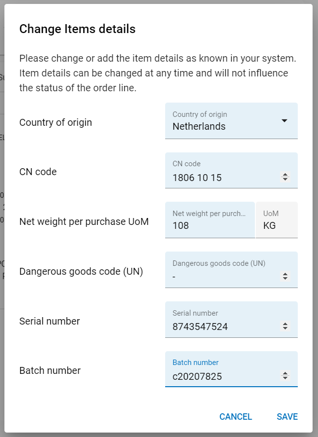 PO detail page – item details