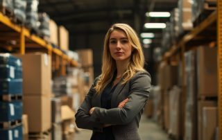 Confident Young Businesswoman in Warehouse Setting, symbolizing leadership, efficiency, success, industry, and confidence.