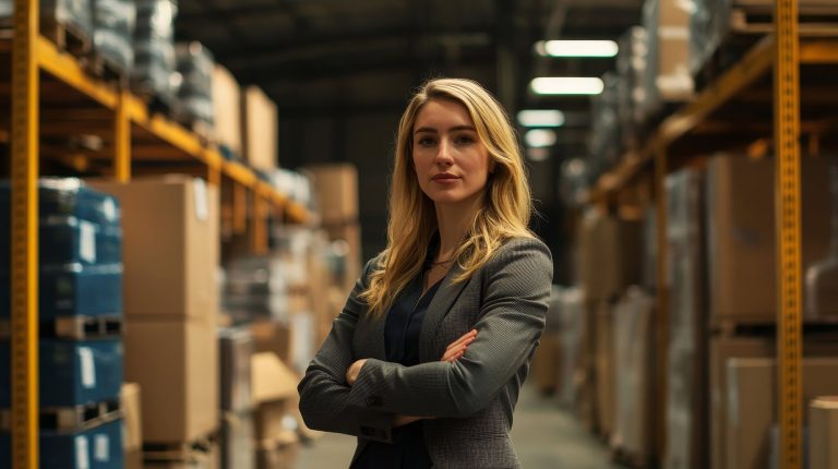 Confident Young Businesswoman in Warehouse Setting, symbolizing leadership, efficiency, success, industry, and confidence.