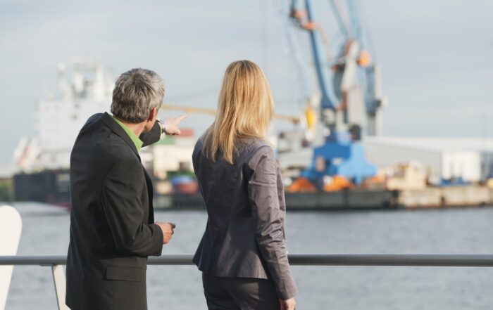 Germany, Hamburg, Business people at harbour