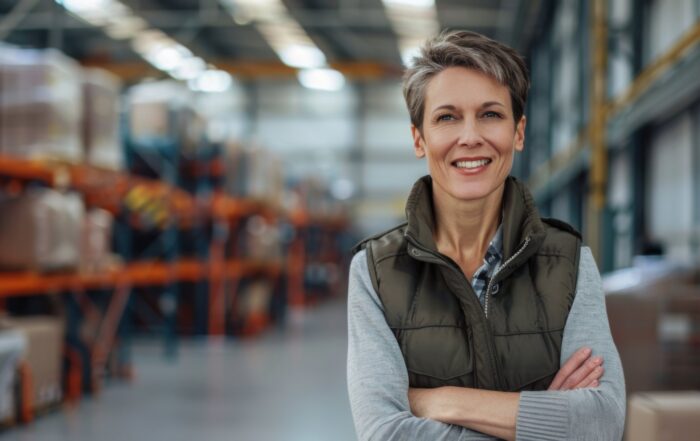 A smiling woman with crossed arms stands confidently in a warehouse setting.