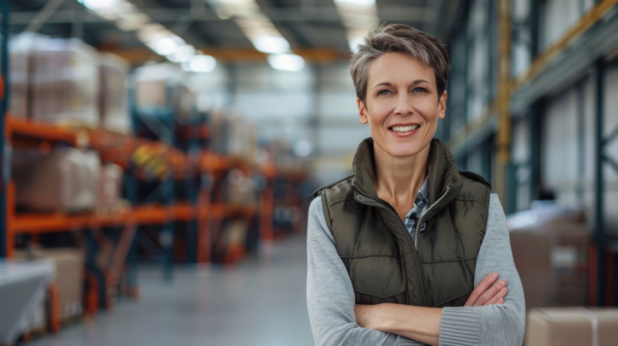 A smiling woman with crossed arms stands confidently in a warehouse setting.